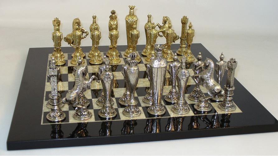 Renaisssance Chess Set  with Mother of Pearl Inlaid Chessboard.