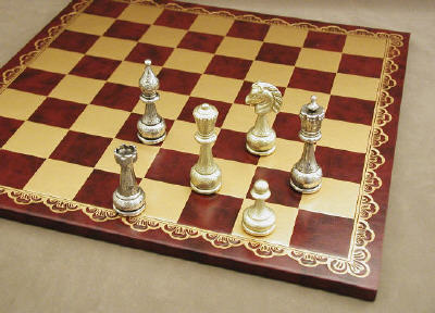 Large Metal Chess Set on Pressed Leather Chessboard