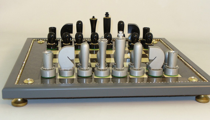 Black and Grey Berliner Chessmen Set on Grey and Ivory Burl wood Laquered Board