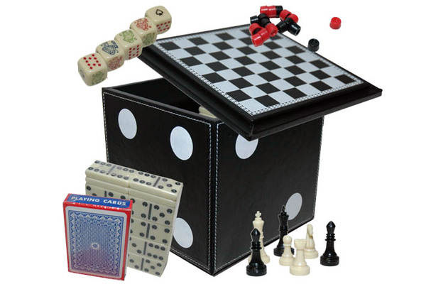 Five in One- Chess, Checkers, Dominoes, Poker Dice, & Playing Cards Game Set