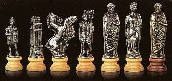 Caesar Themed Brass and Wood Chess Pieces