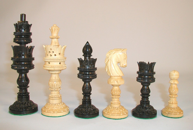 Hand Carved Ebony & Boxwood Lotus Chessmen Set.