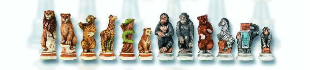Collector's Edition Animal Kingdom Oxo Teak Hand Painted Italian Chessmen Set.