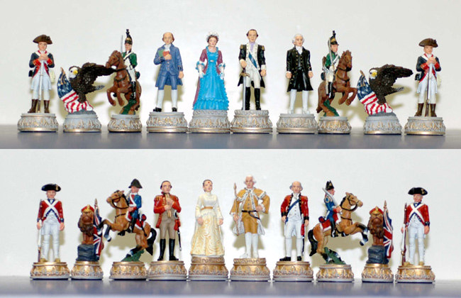 Handpainted American Revolutionary War White Metal Chessmen Set. 