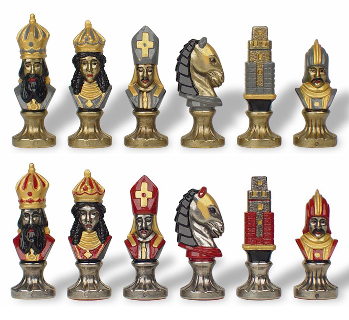 Hand Painted Brass and Metal Medieval Chessmen