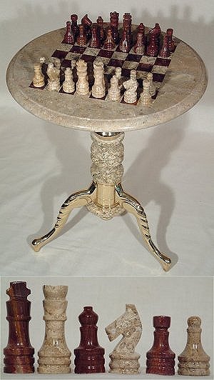 Pedestal Chess Table & Chess Pieces Made of Coral Stone & Auburn Italian Marble